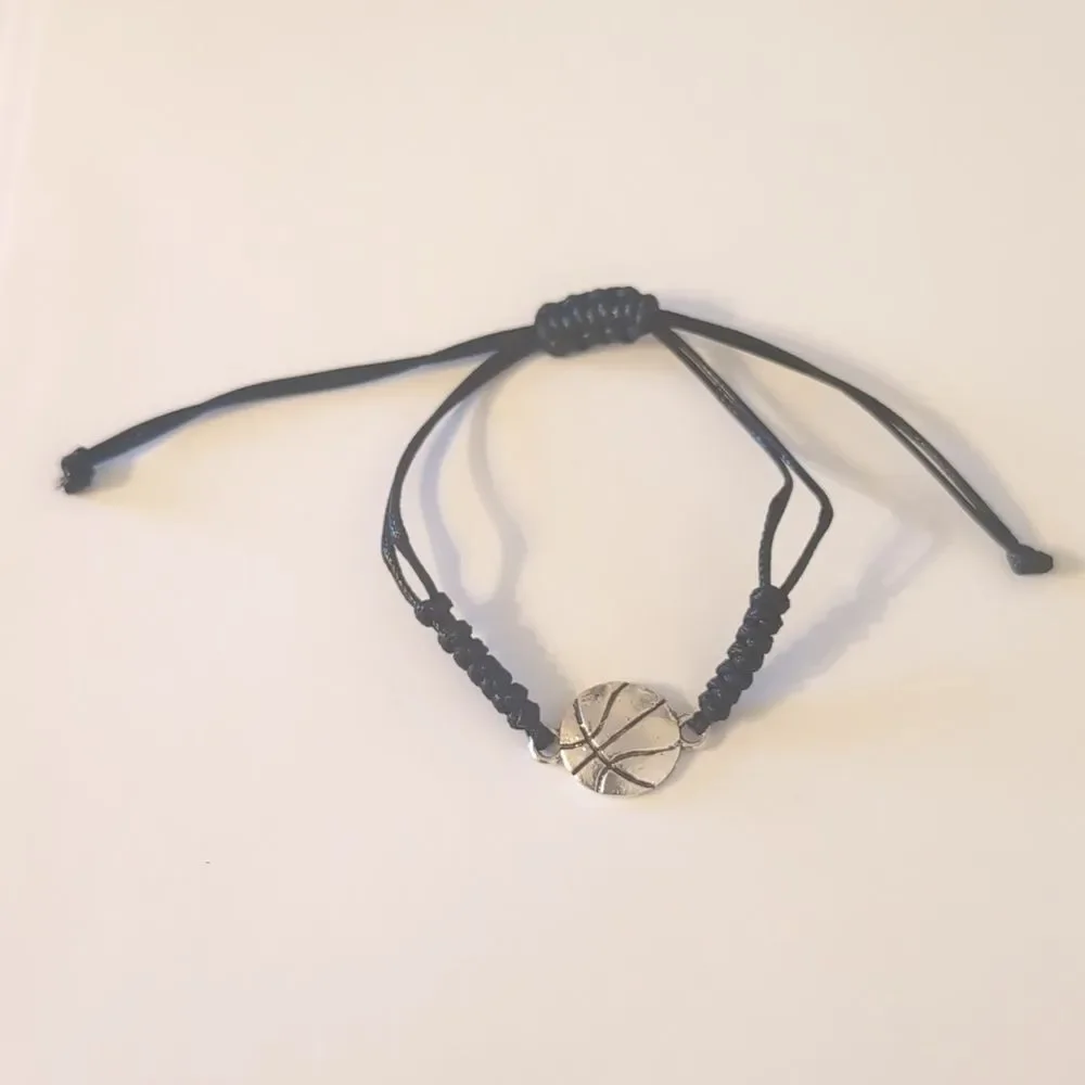766 Black Woven Adjustable Slider Bracelet with Silver Basketball Charm‎